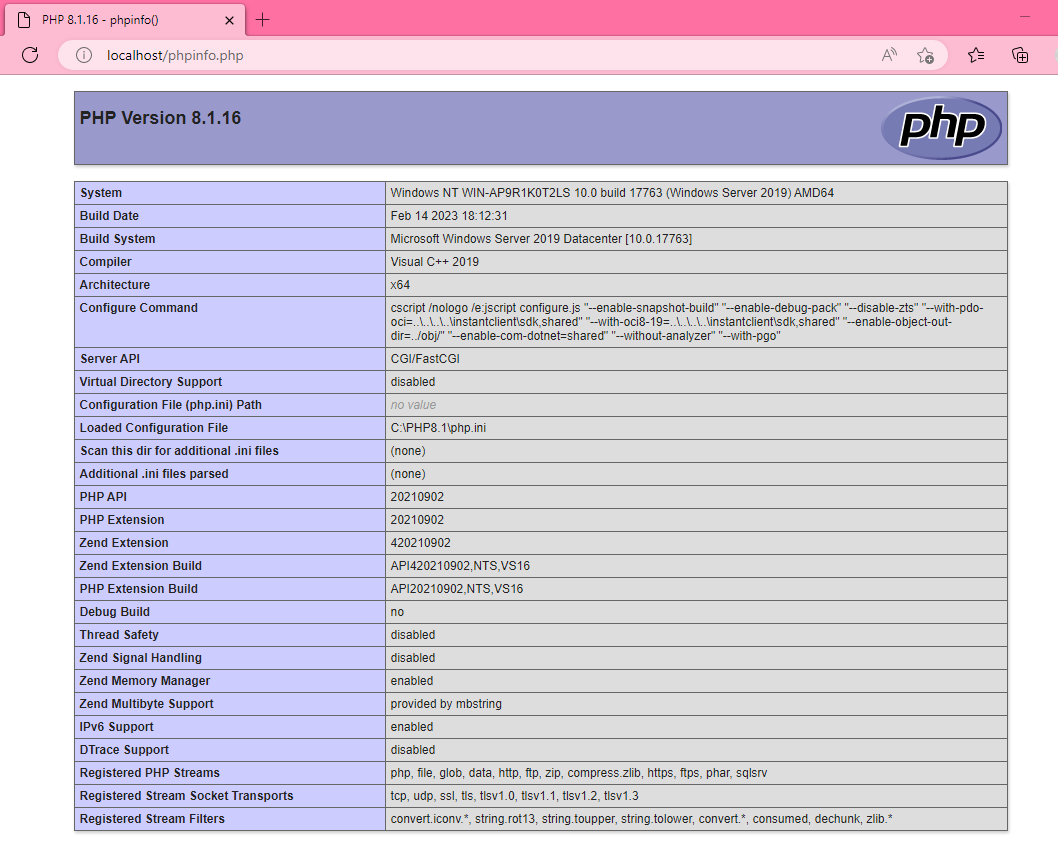 PHP info page in the Browser