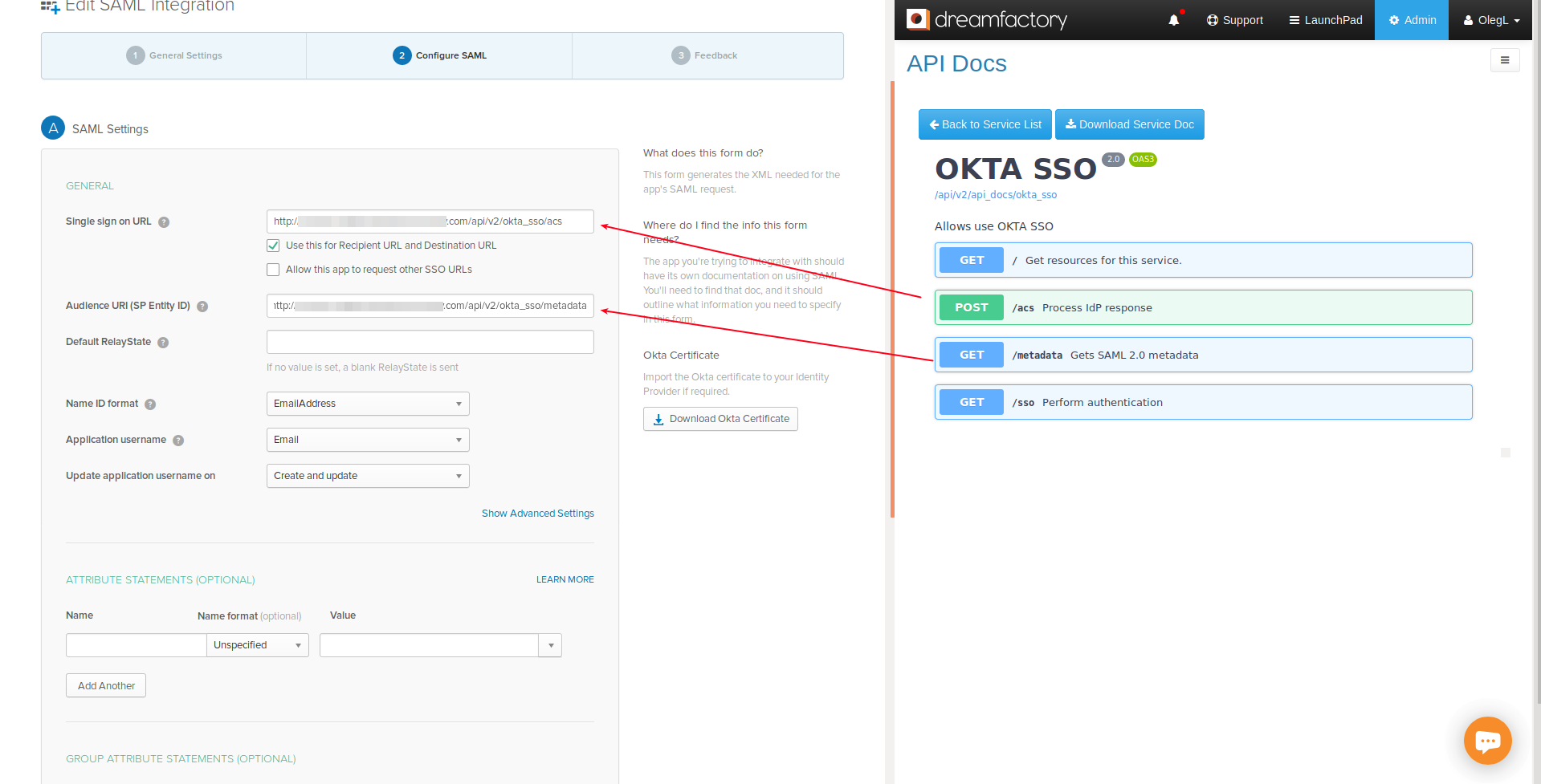 Change SSO and URI to Values in DreamFactory API Documentation