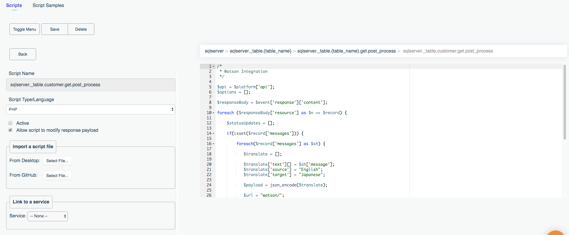 Script for Sql Server GET Table endpoint